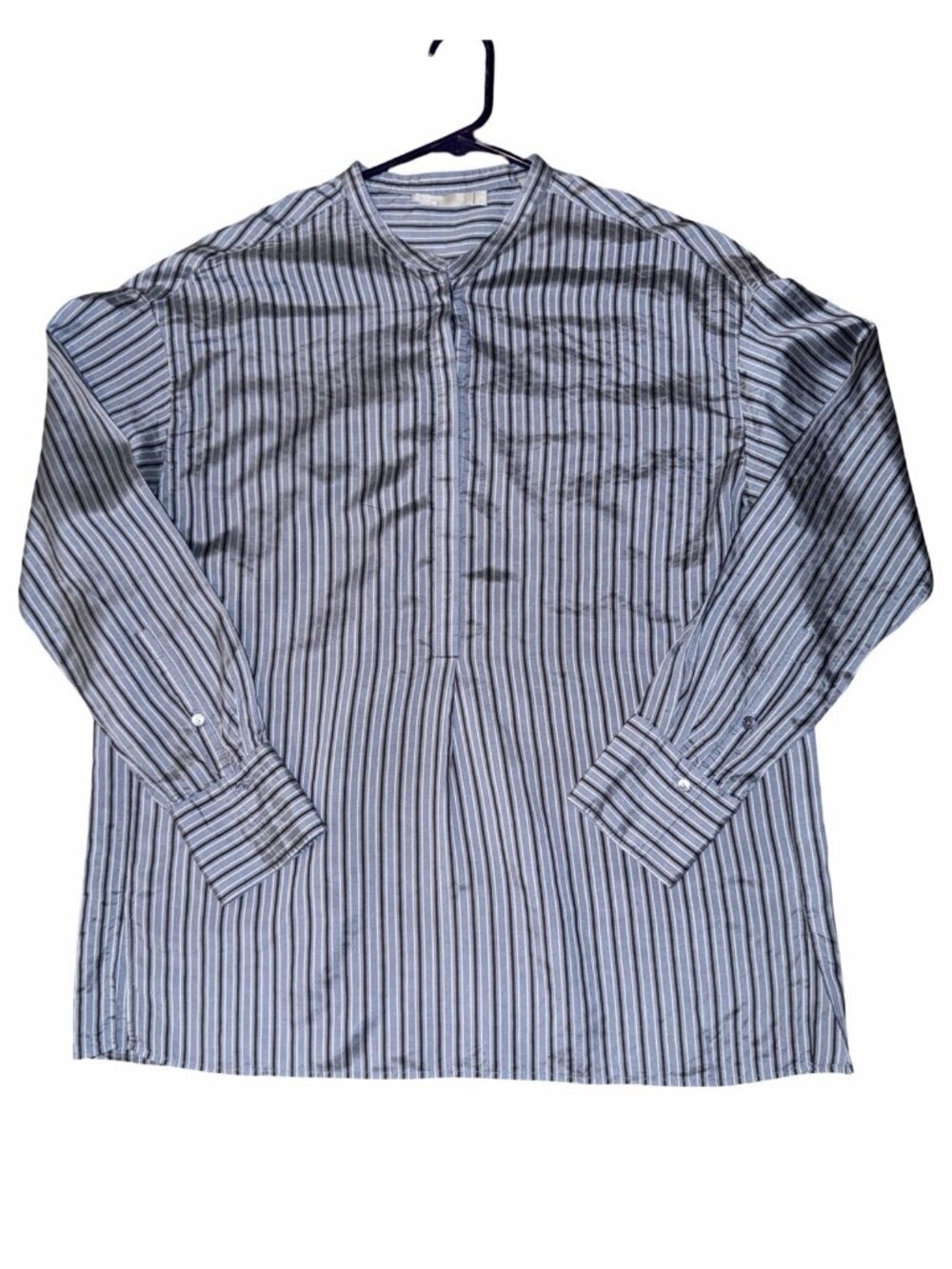 VINCE Womens M 100% Silk Half Placket Button-Down Shirt Blouse Tunic Blue Stripe